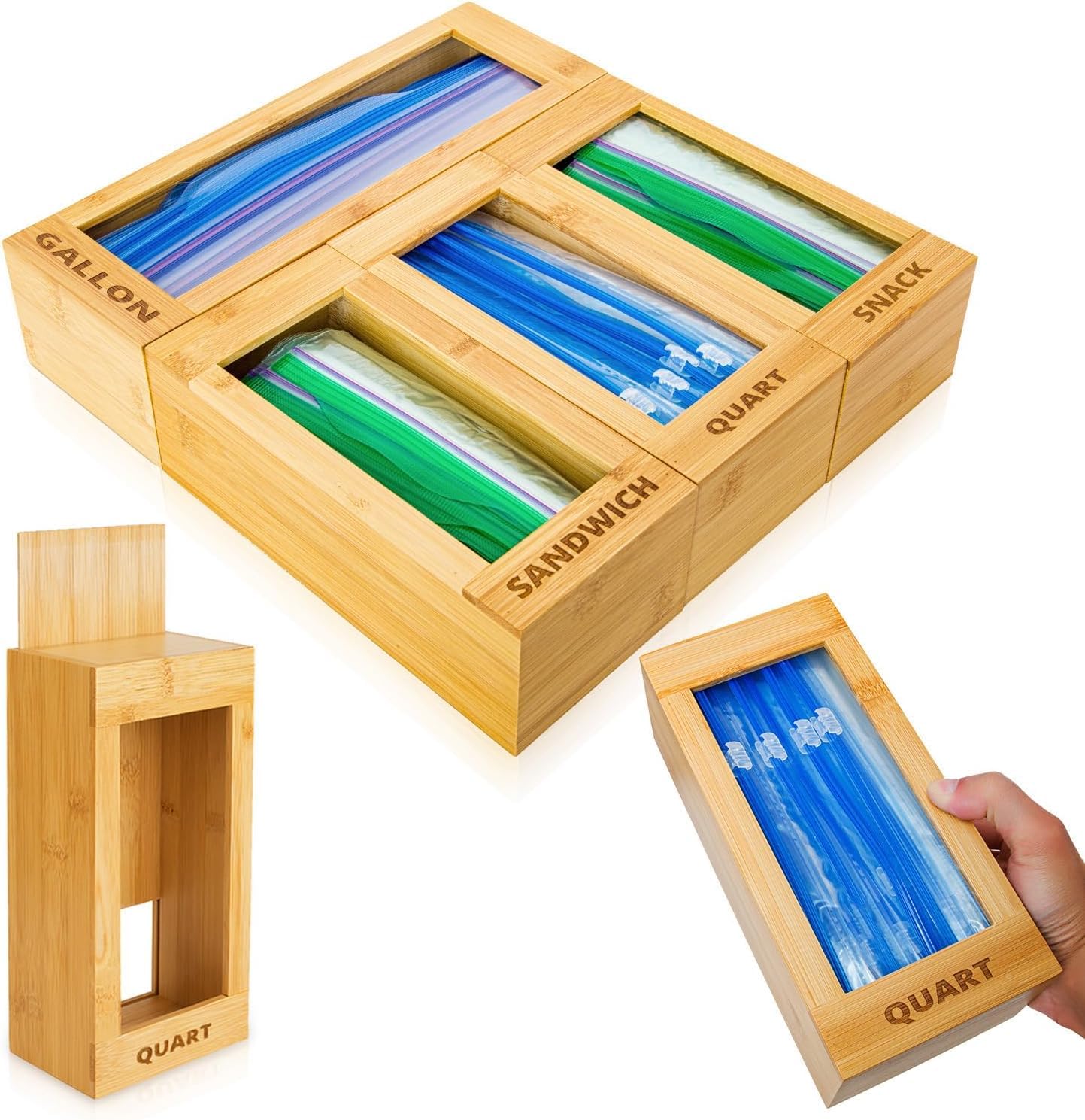 mHomeBilt front view of bamboo bag dispenser showing neat organized bags and quick access
