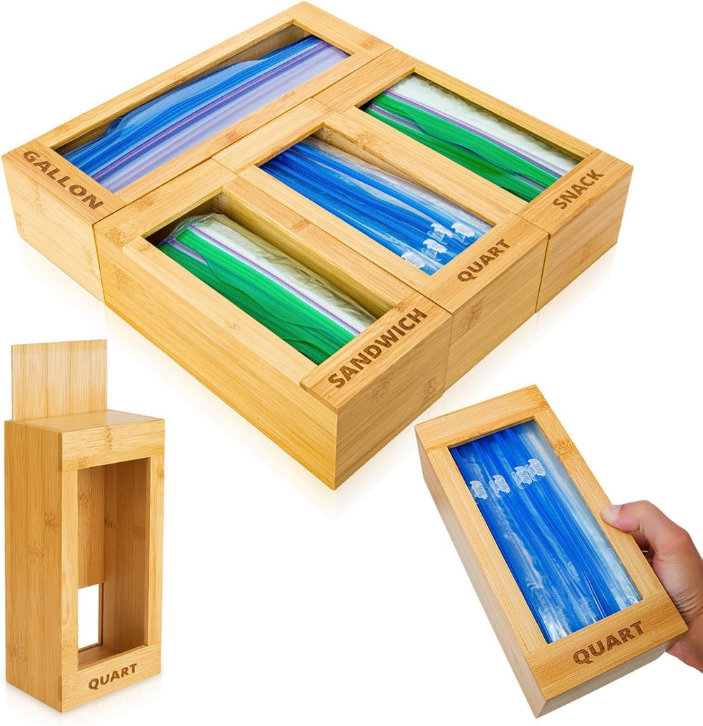 mHomeBilt front view of bamboo bag dispenser showing neat organized bags and quick access