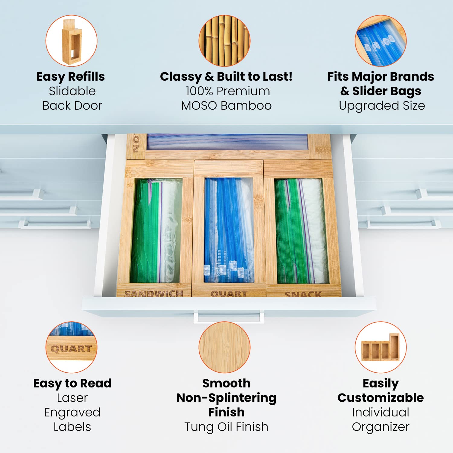 mHomeBilt bamboo organizer on countertop adding natural style and practical storage