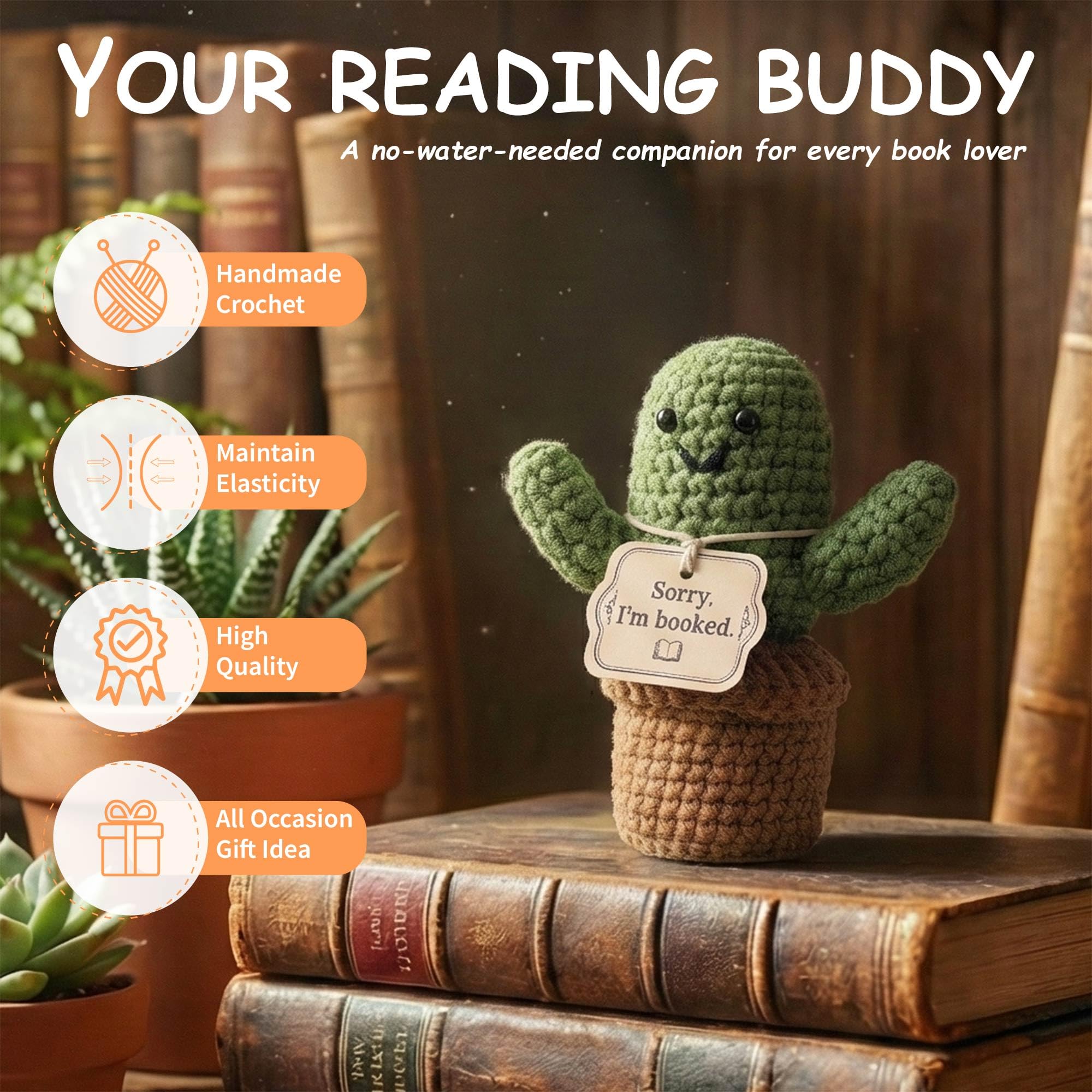 MHSMHL crochet cactus reading companion on a bookshelf adding charm and comfort