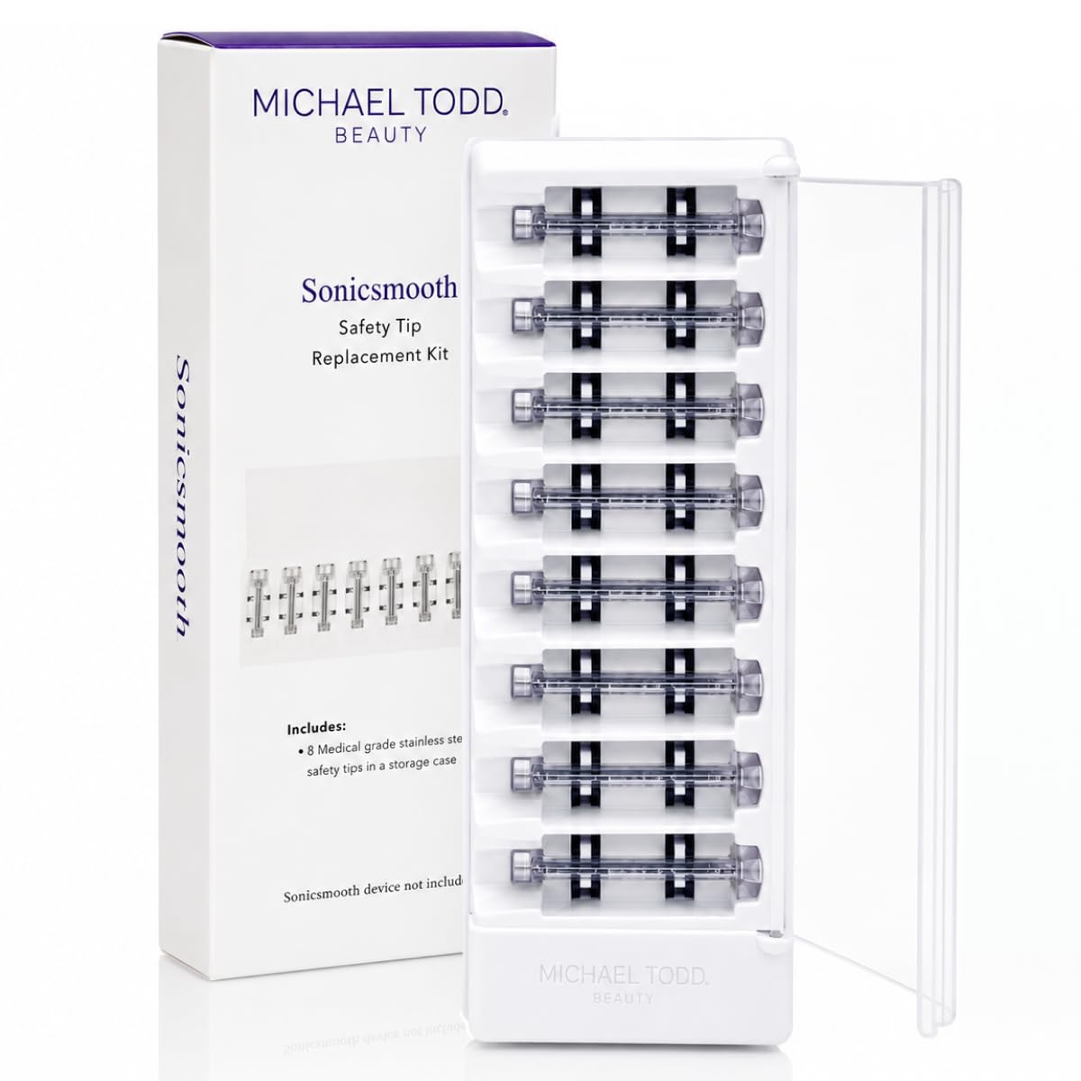MICHAEL TODD front packaging showing eight sealed single-use blade refills for hygiene