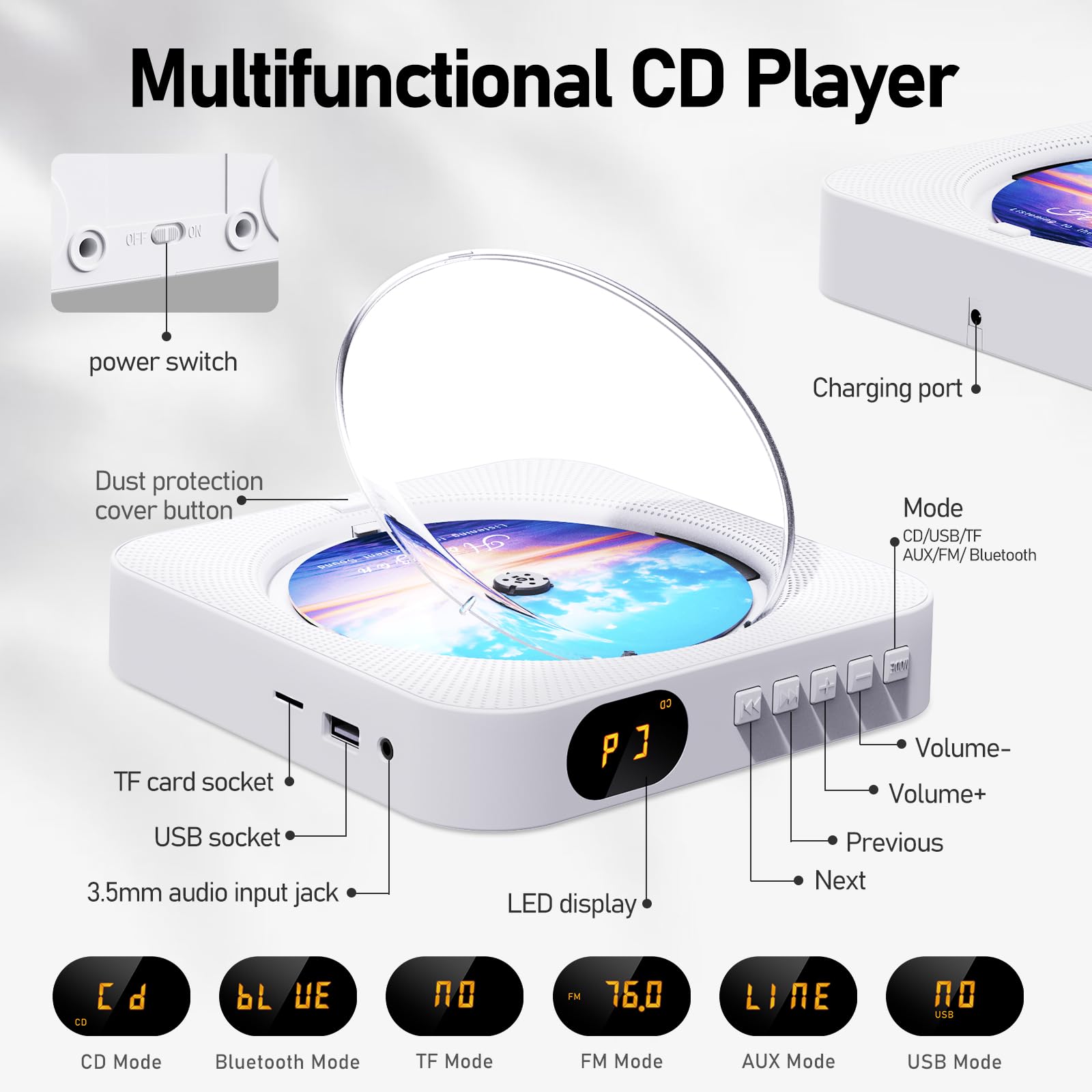 MICOCIOUS side profile with open CD tray, demonstrates easy disc loading benefit