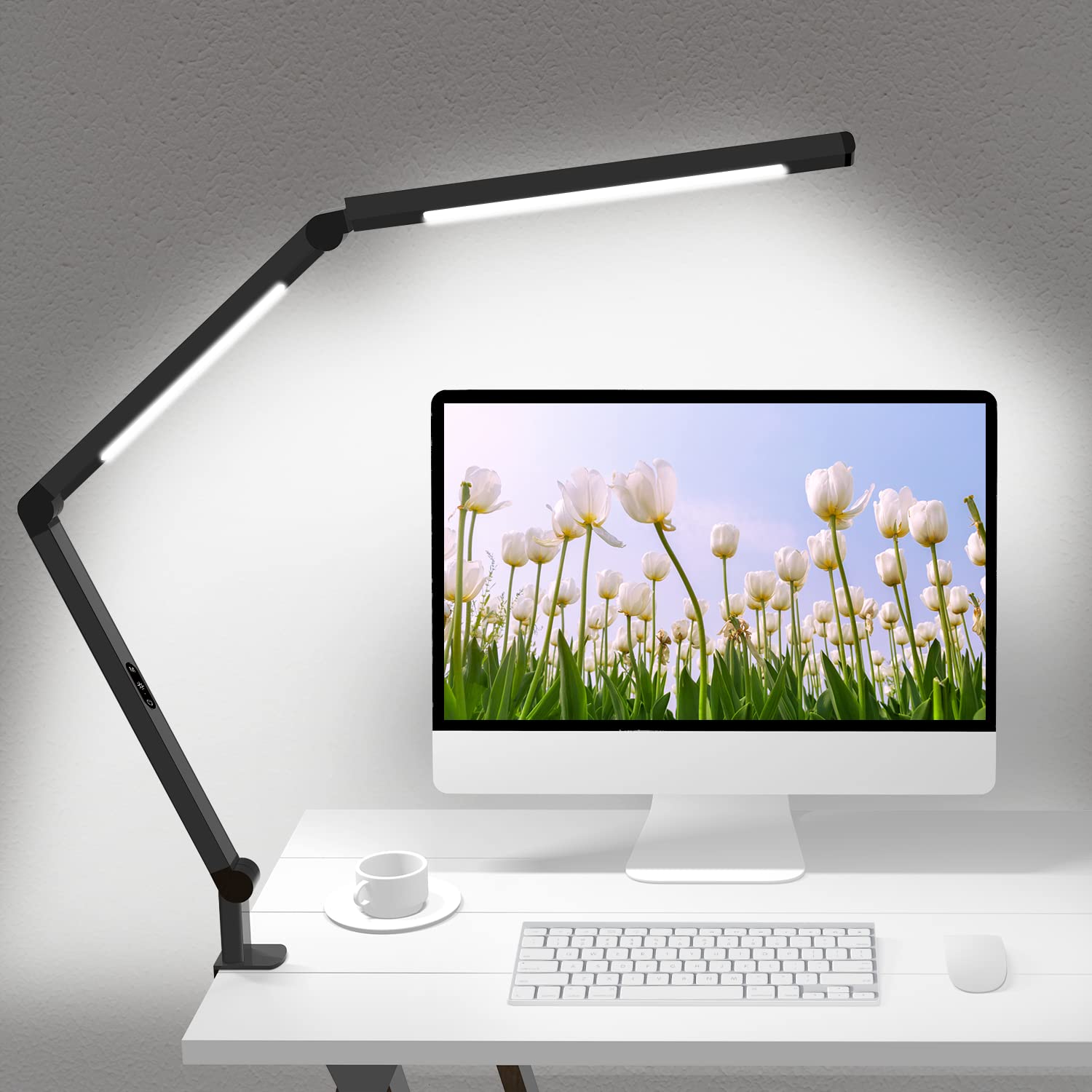 Micomlan front view clamp lamp showing full adjustable arm and sleek finish for precise task lighting