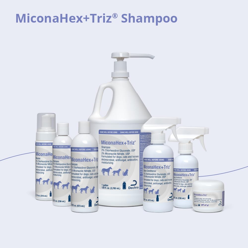 MiconaHex+Triz shampoo in use on a dog in bath showing effective cleaning and coat softening benefit