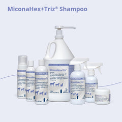 MiconaHex+Triz shampoo in use on a dog in bath showing effective cleaning and coat softening benefit