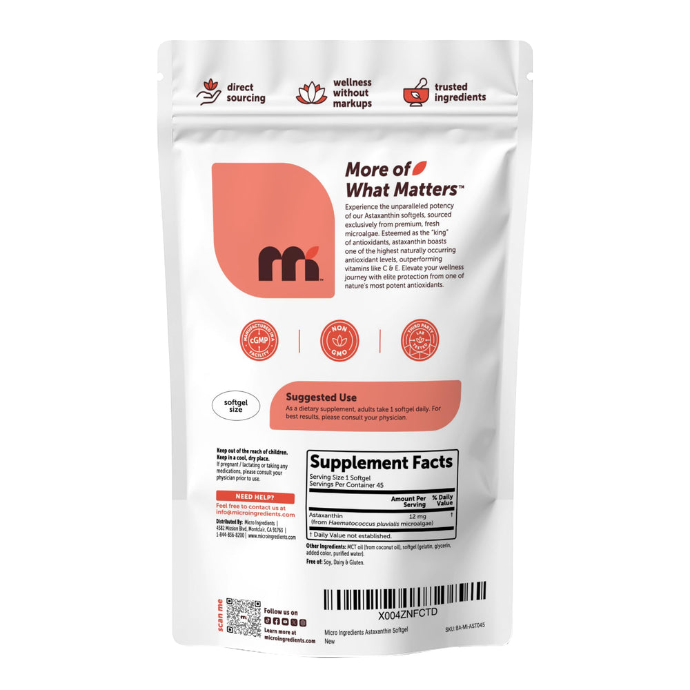 Micro Ingredients open pouch with softgels showing quantity and no-aftertaste benefit