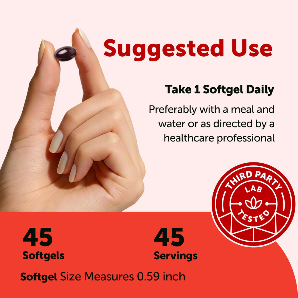 Micro Ingredients softgels in hand demonstrating pill size and convenient daily dosing benefit