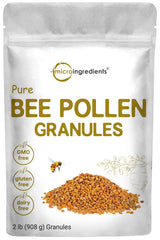 Micro Ingredients front pouch showing 2 lb bulk bee pollen, convenient storage benefit