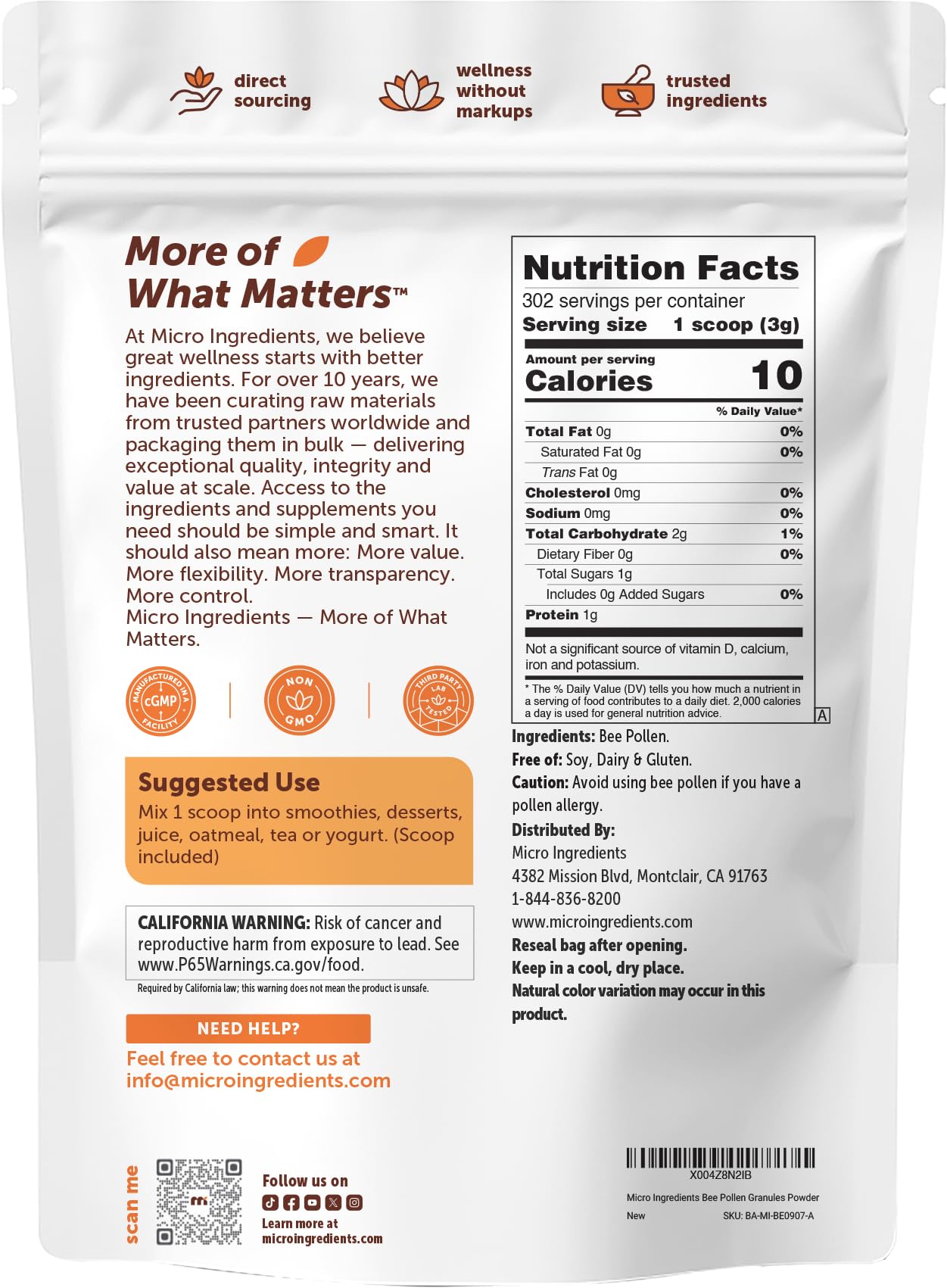 Micro Ingredients product label and ingredient list, transparent third-party testing benefit