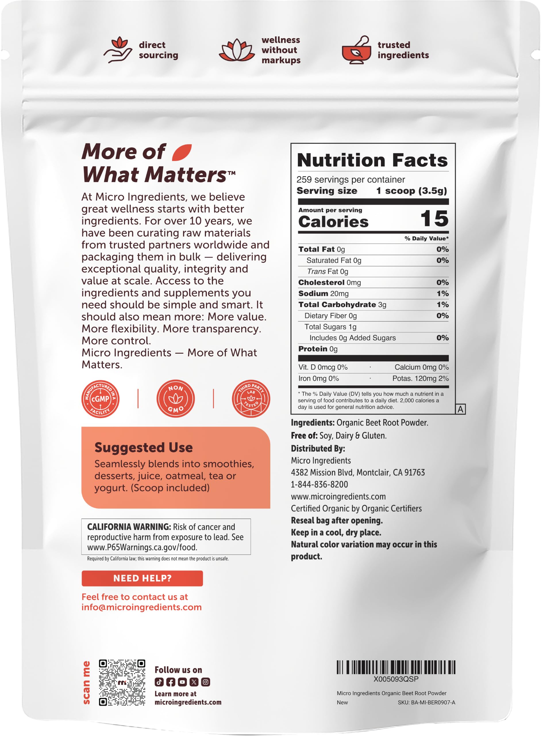 Ingredient label on Micro Ingredients pouch, showing organic and non-GMO benefits