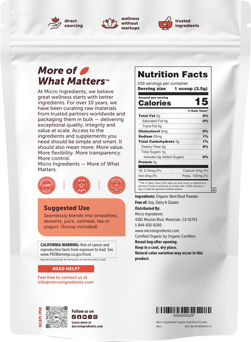 Ingredient label on Micro Ingredients pouch, showing organic and non-GMO benefits