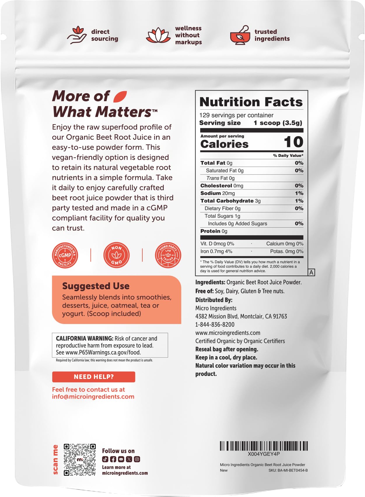 Micro Ingredients powder next to scale demonstrating one-pound supply size