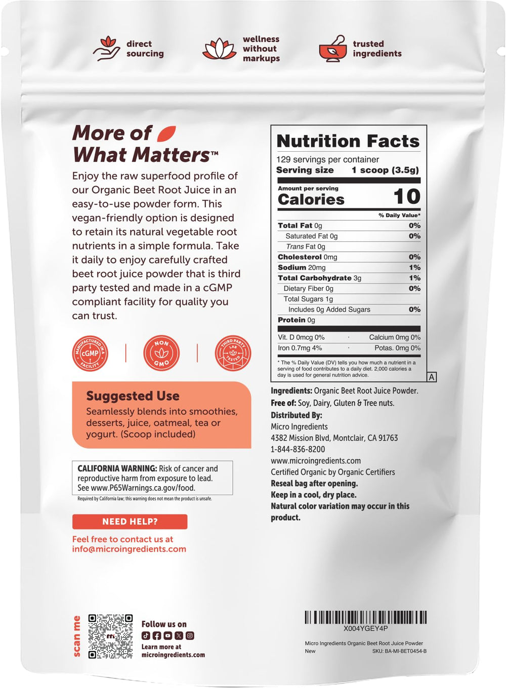 Micro Ingredients powder next to scale demonstrating one-pound supply size