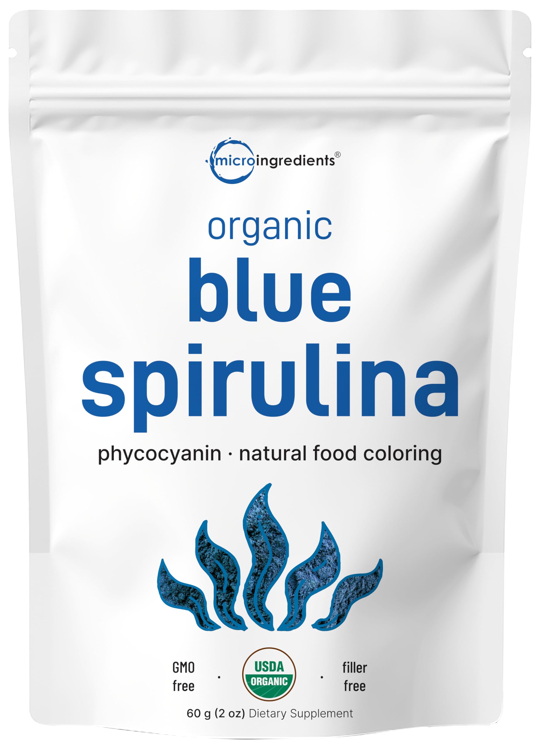 Micro Ingredients front pouch showing blue spirulina powder and label, highlights organic certification and servings