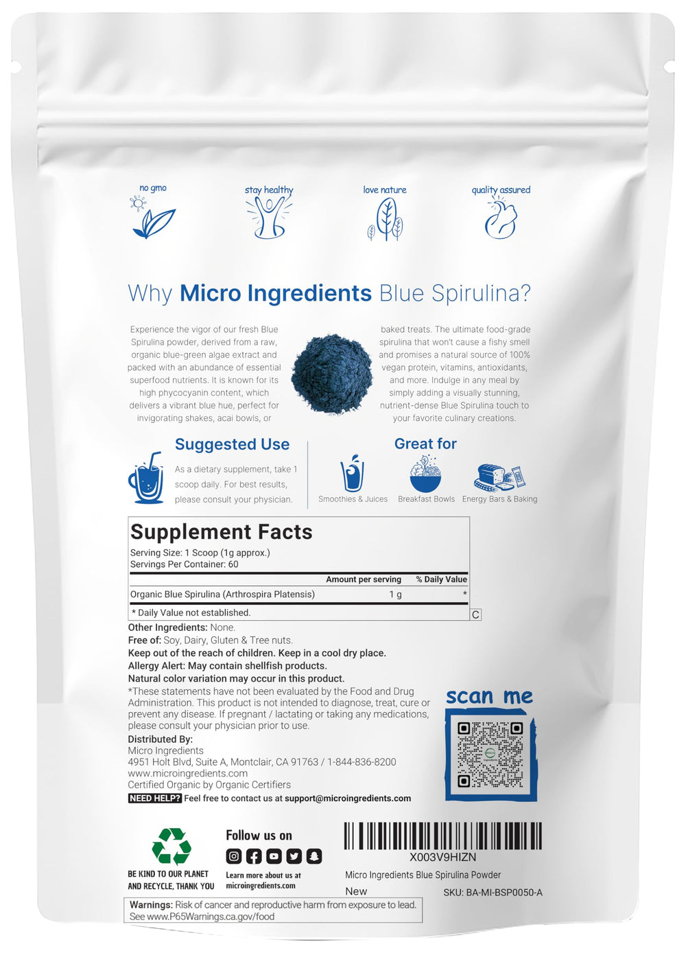 Close-up texture of Micro Ingredients blue spirulina powder demonstrating fine, luminous blue granules for mixing