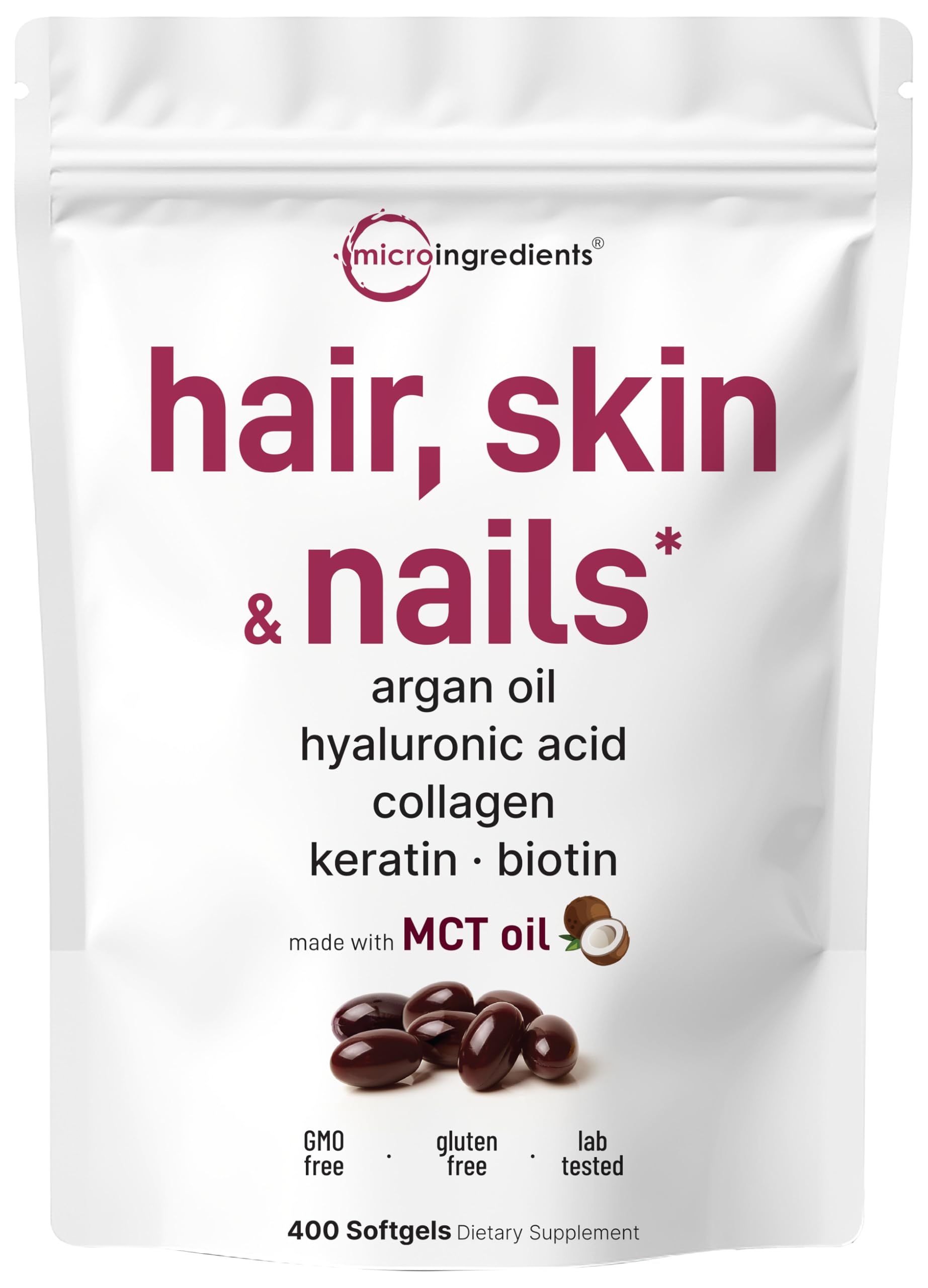 Micro Ingredients bottle front view showing 400-count softgels and benefits