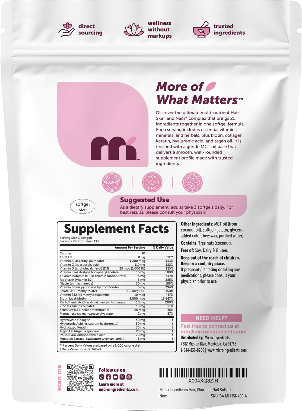 Micro Ingredients softgels in hand for scale demonstrating 133-day supply