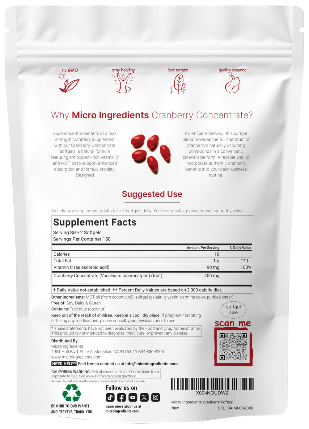 Close-up of Micro Ingredients cranberry softgel texture and glossy finish for easy swallowing