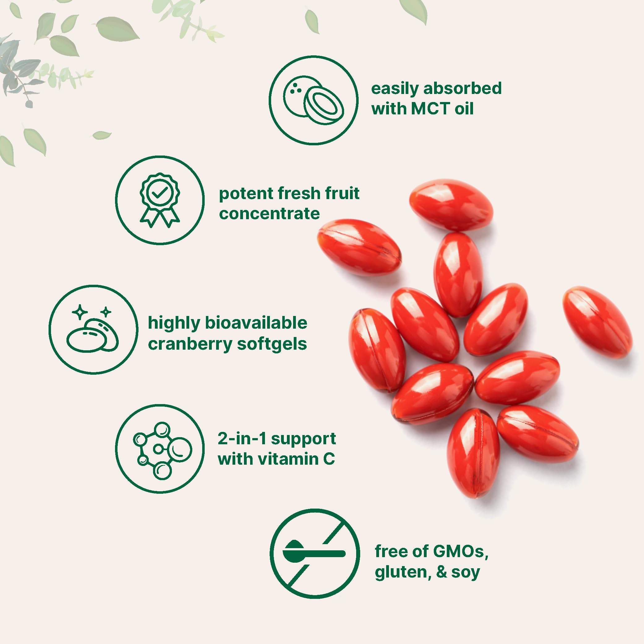 Hand holding several Micro Ingredients cranberry softgels to show size and portability