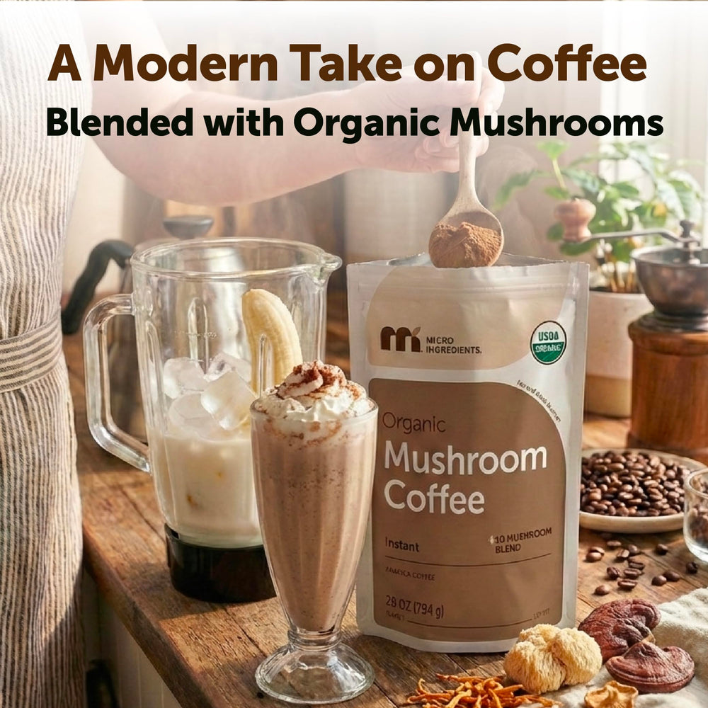 Prepared mug of Micro Ingredients mushroom coffee showcasing smooth medium roast