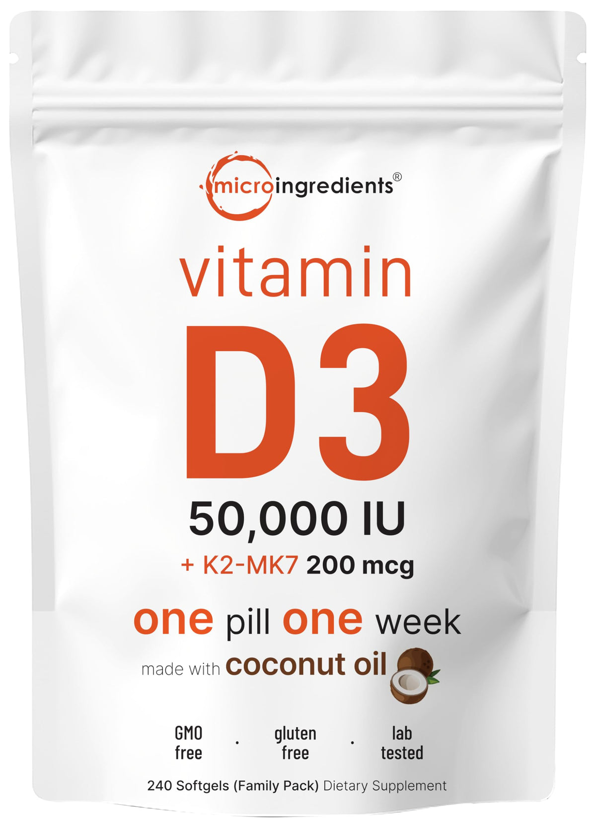 Micro Ingredients front packaging showing D3 50,000 IU K2 200 mcg and family-size benefit