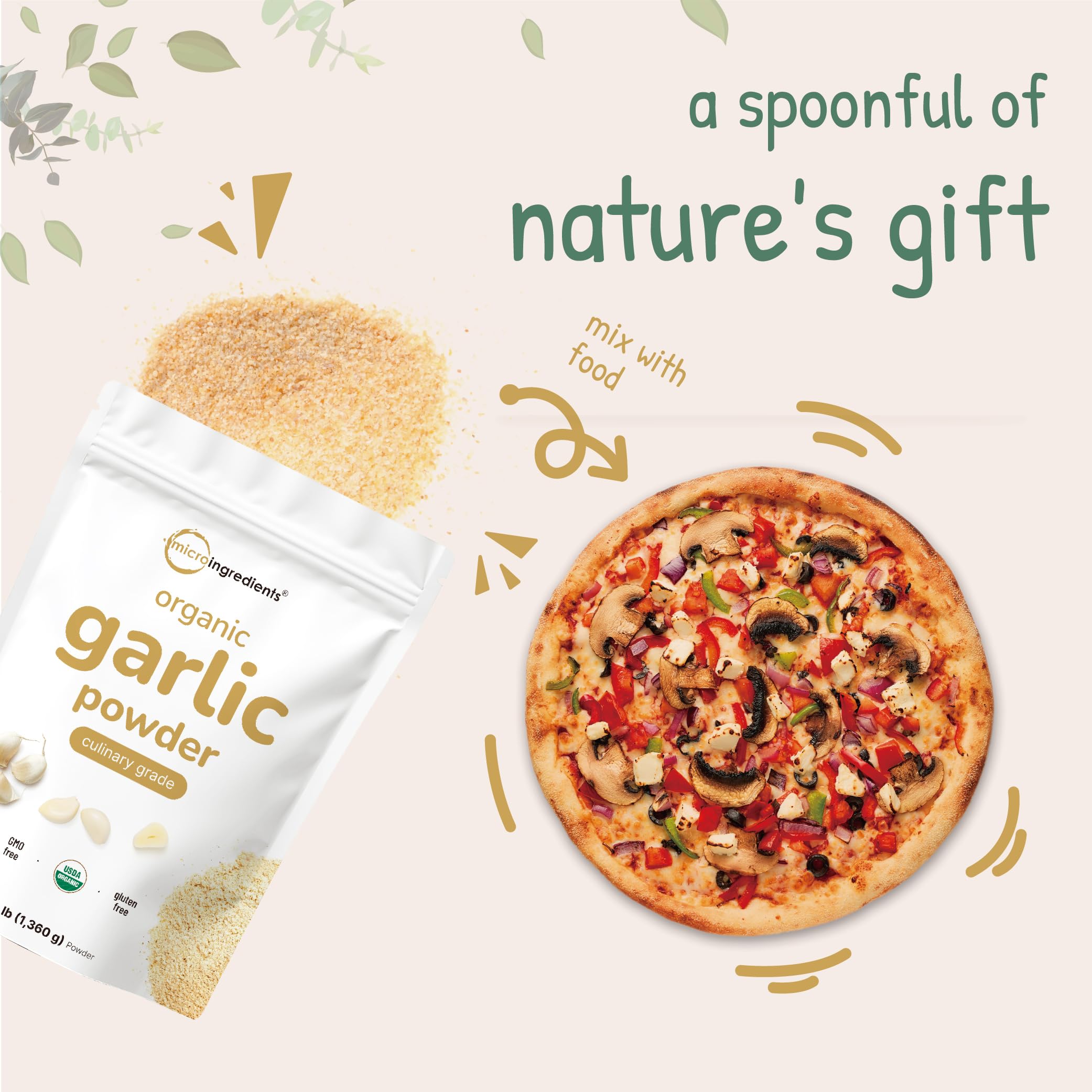 Micro Ingredients garlic powder on countertop with herbs illustrating meal-prep convenience