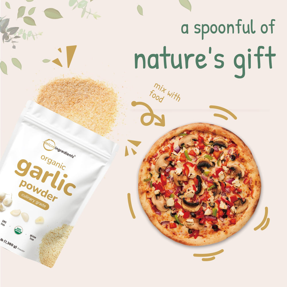 Micro Ingredients garlic powder on countertop with herbs illustrating meal-prep convenience