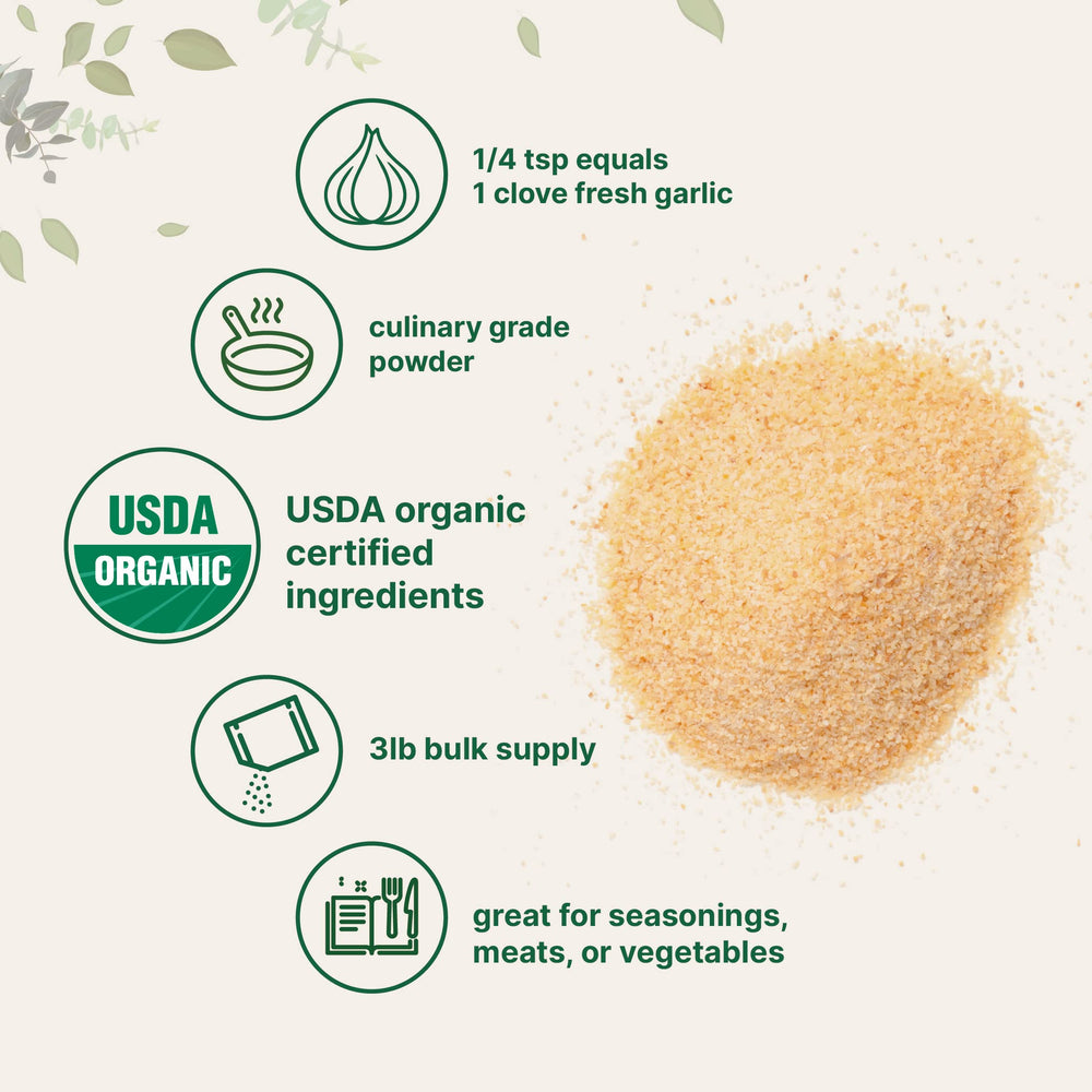 Micro Ingredients garlic powder label close-up highlighting organic and non-GMO benefit