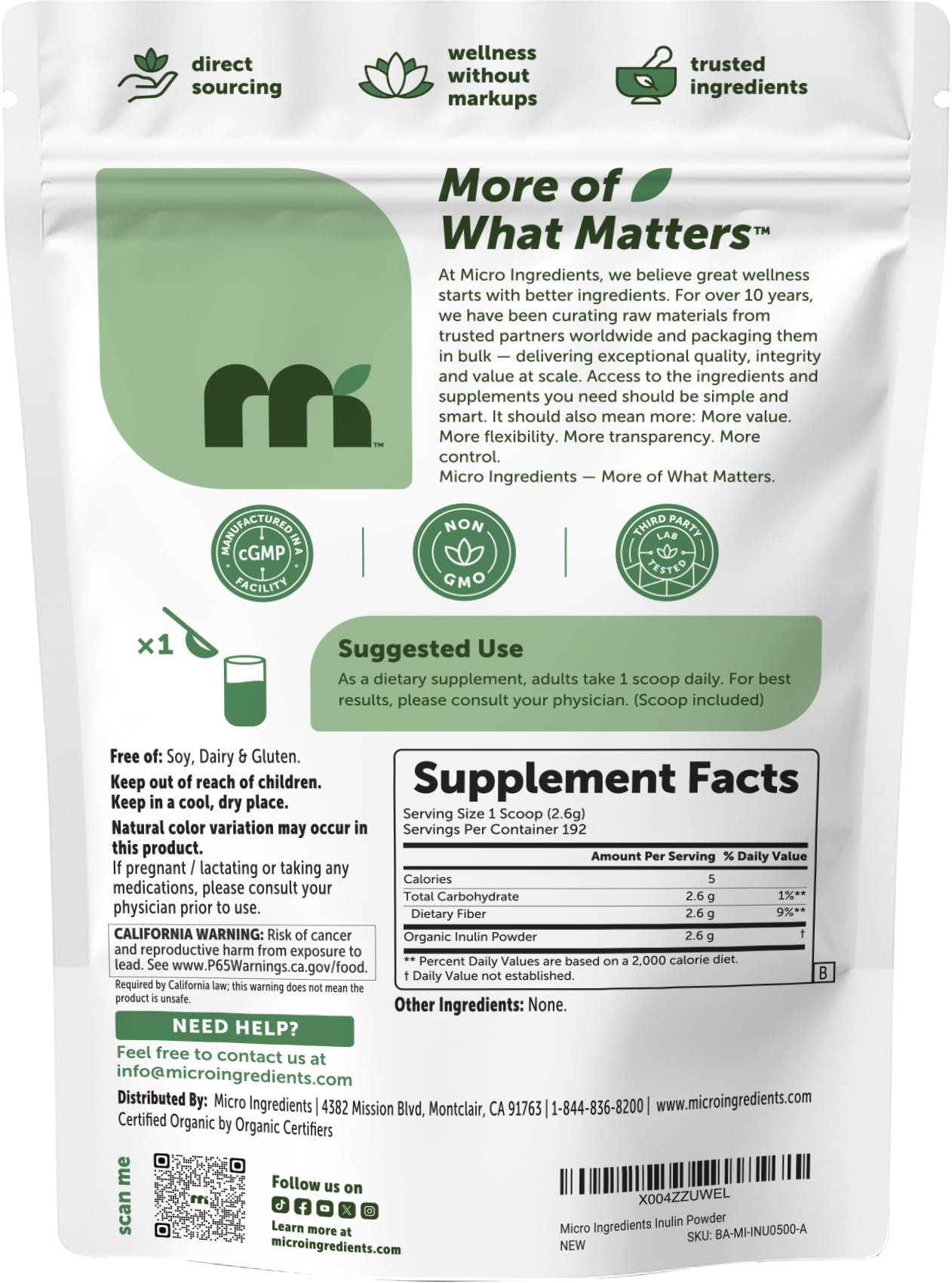 Micro Ingredients label close-up showing organic and non-GMO certifications for trust