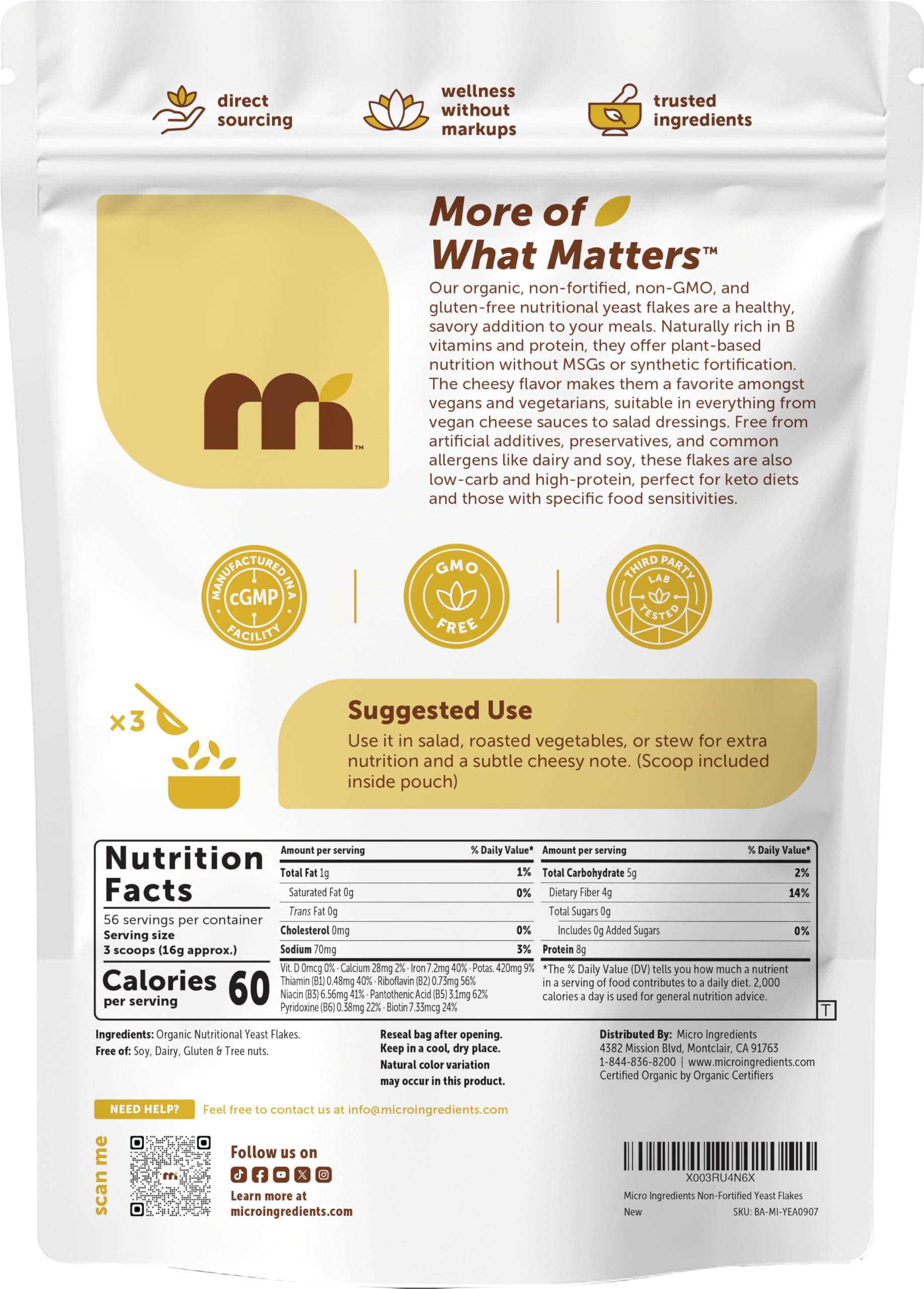 Micro Ingredients label detail highlighting organic non‑GMO and allergen‑free quality