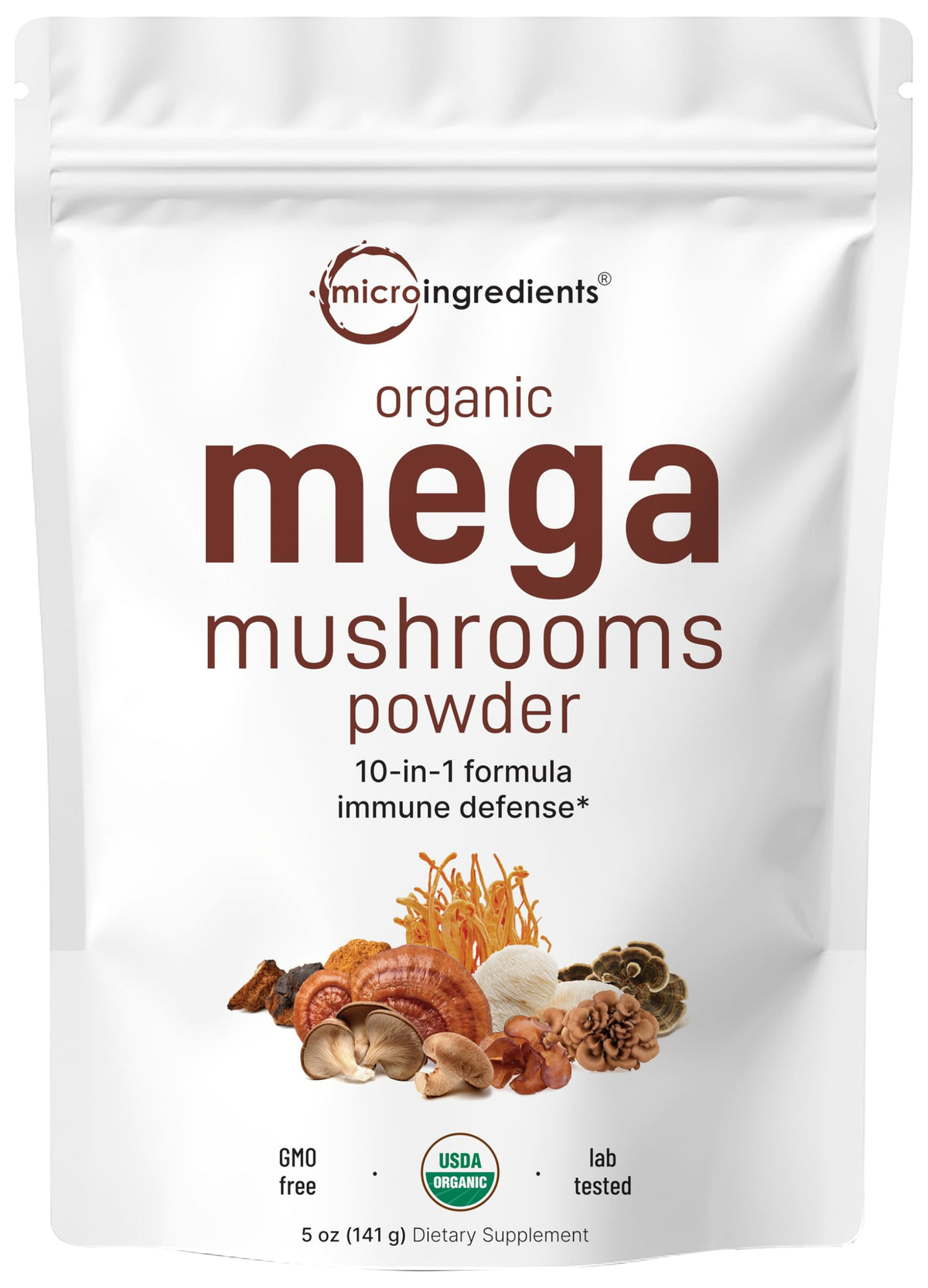 Micro Ingredients front pouch showing 10-in-1 mushroom blend and USDA Organic badge
