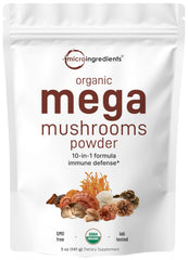 Micro Ingredients front pouch showing 10-in-1 mushroom blend and USDA Organic badge
