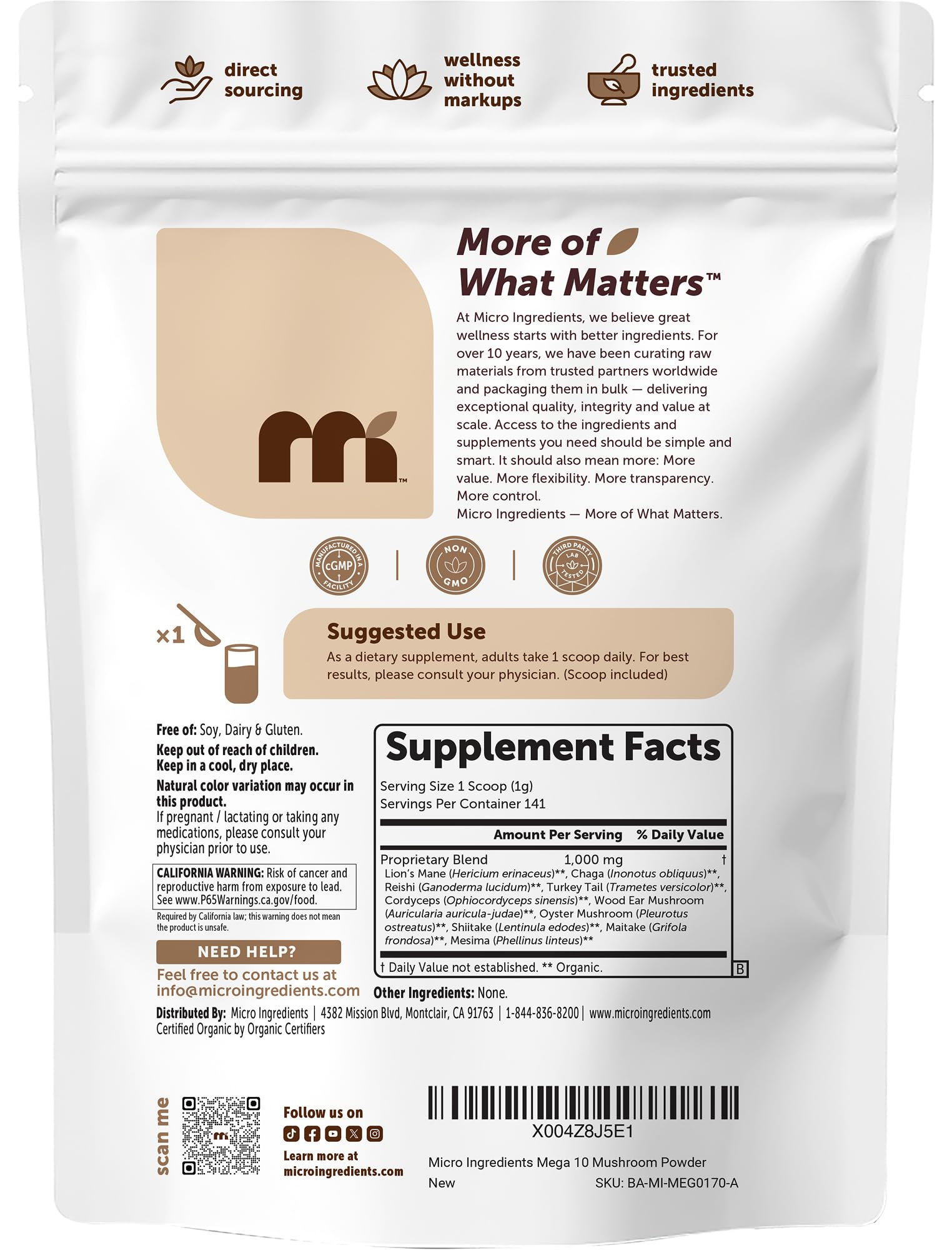 Bowls of individual mushroom powders used in Micro Ingredients 10-in-1 blend