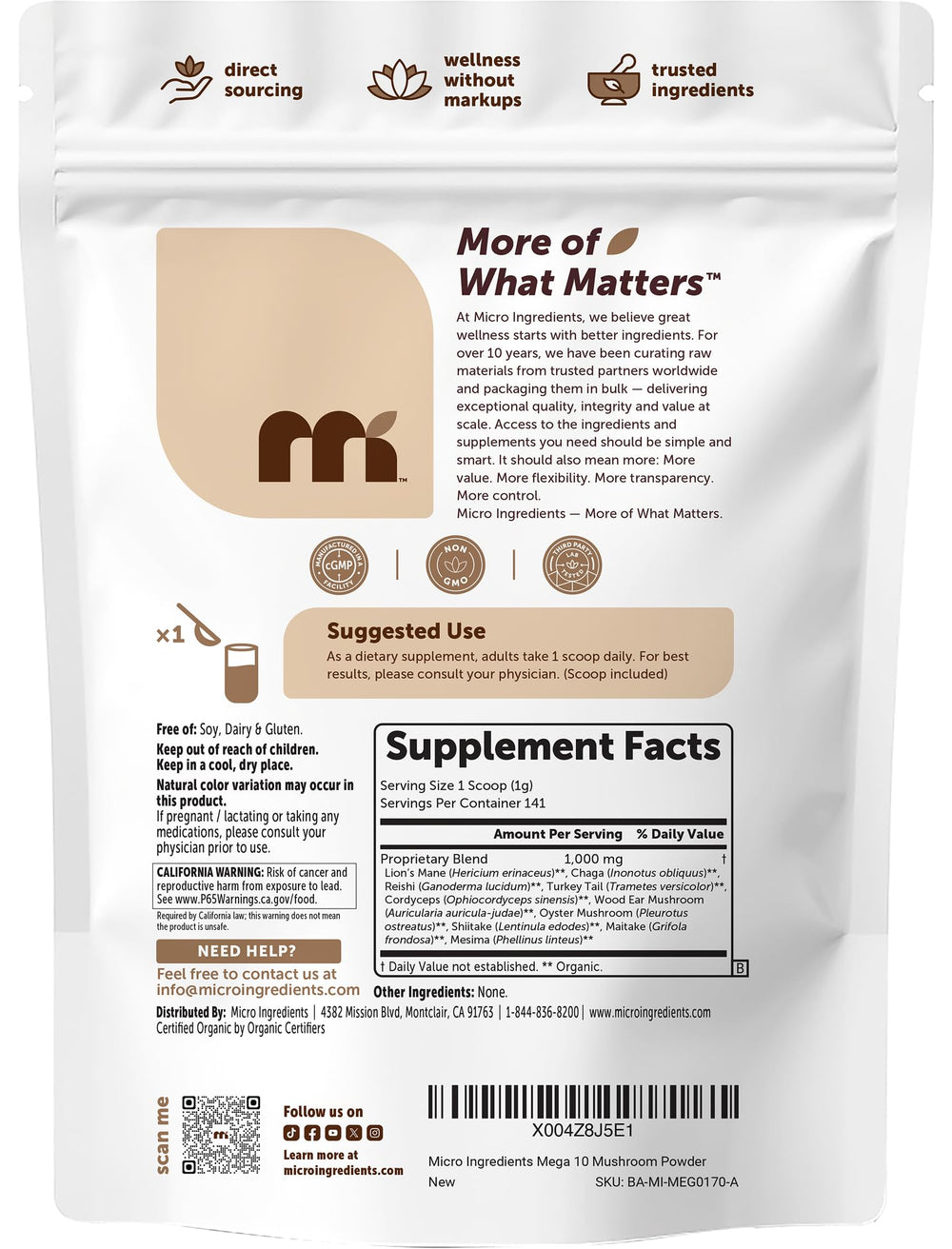 Bowls of individual mushroom powders used in Micro Ingredients 10-in-1 blend