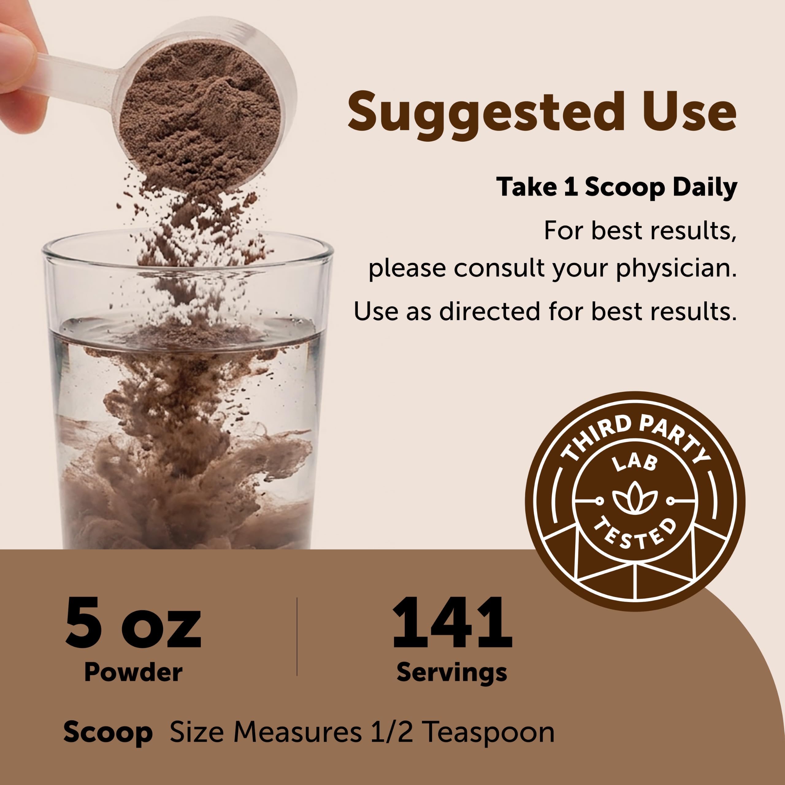 Measuring scoop of Micro Ingredients powder demonstrating accurate 141 servings