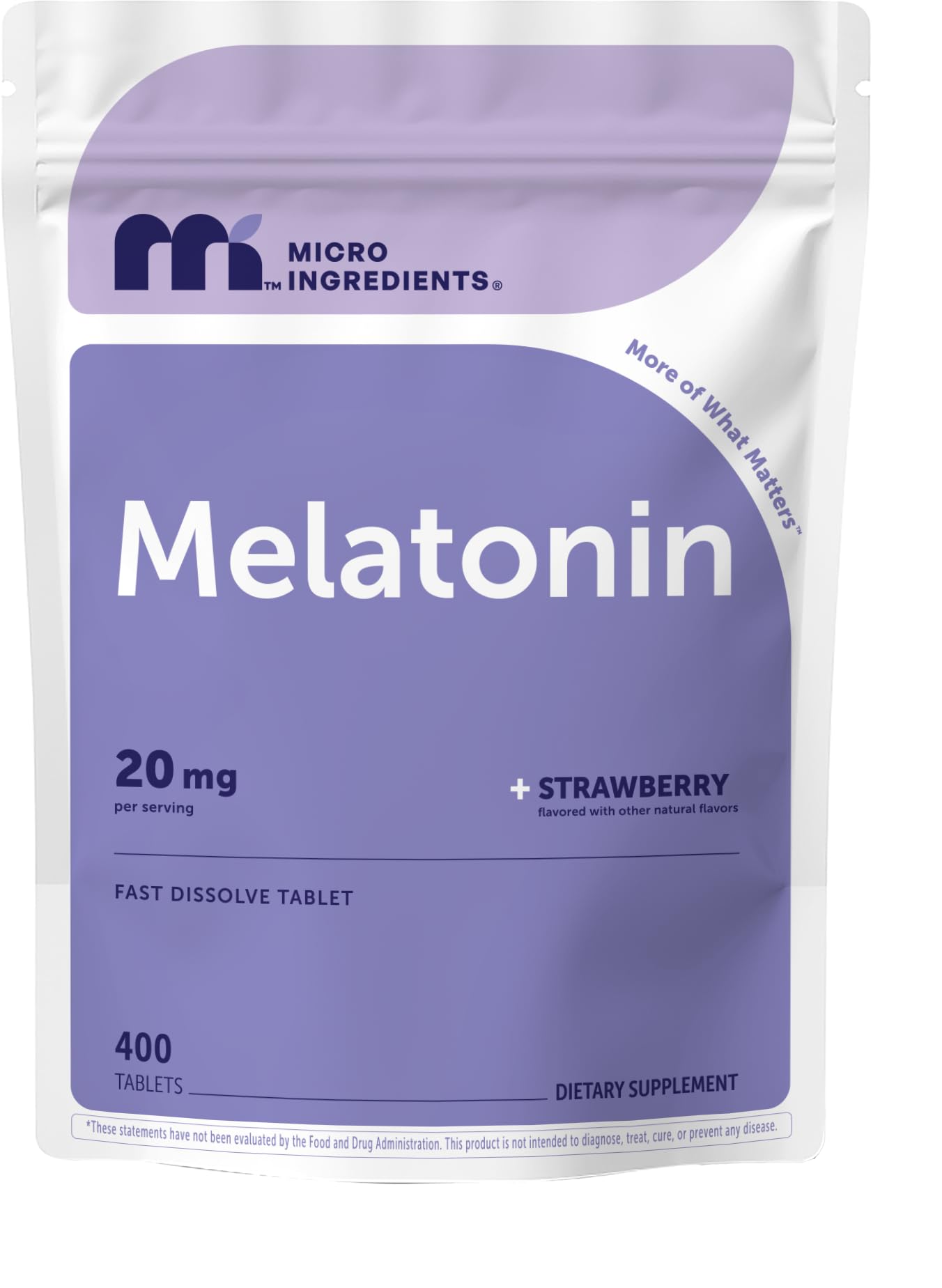 Micro Ingredients front packaging showing 400-tablet pouch and strawberry flavor benefit convenience