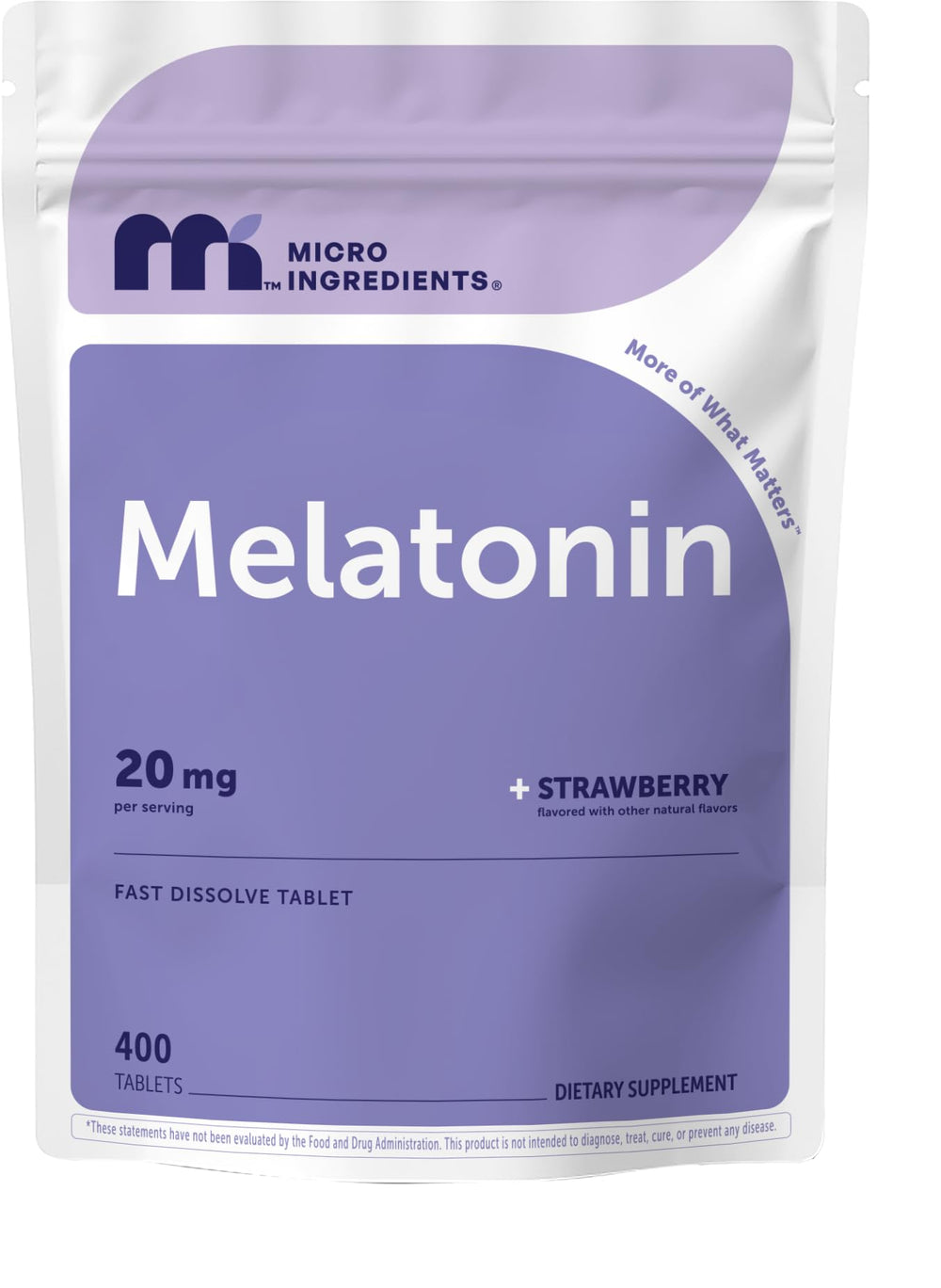 Micro Ingredients front packaging showing 400-tablet pouch and strawberry flavor benefit convenience