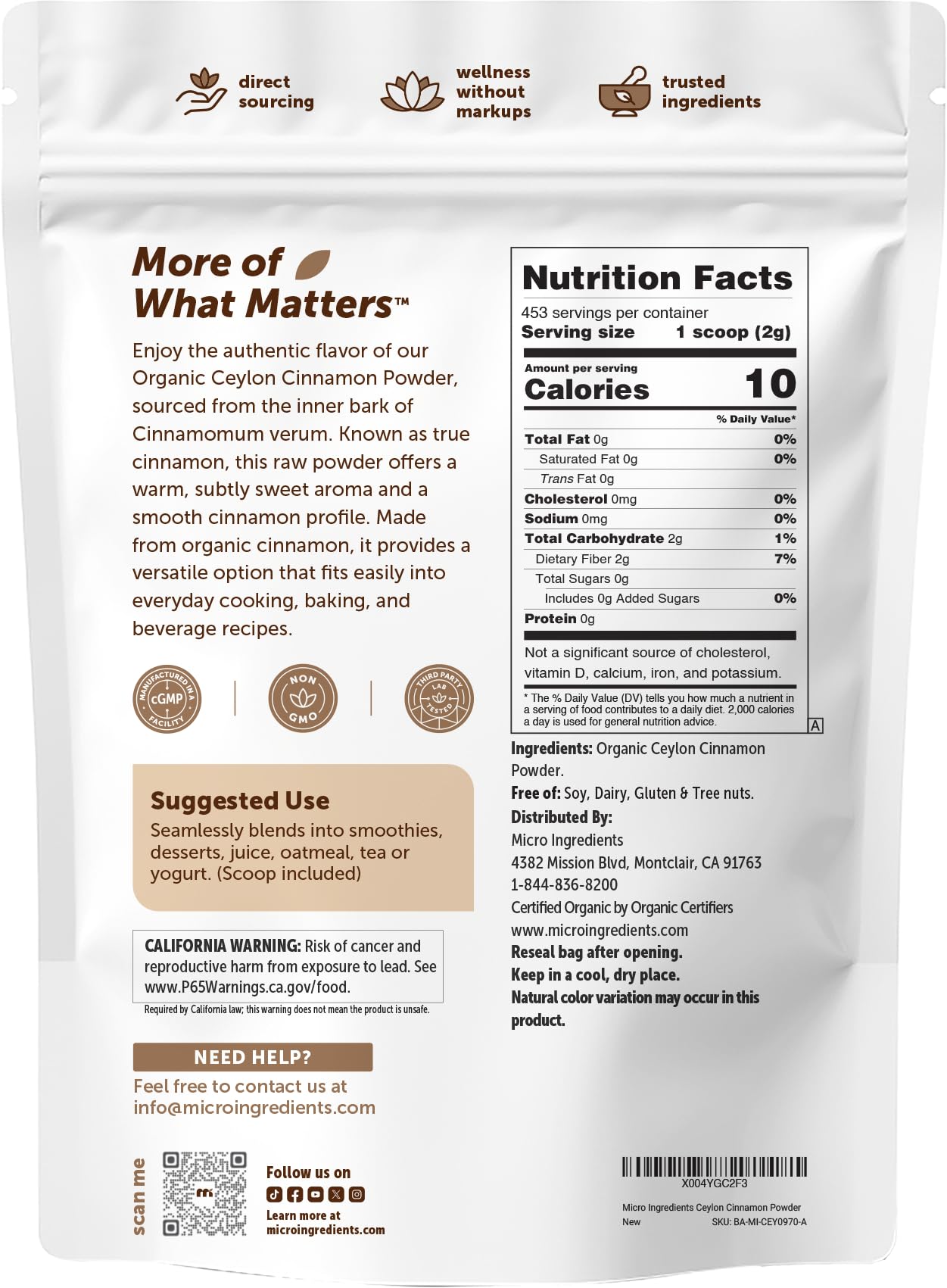 Micro Ingredients open pouch with scoop displaying measured servings and easy access