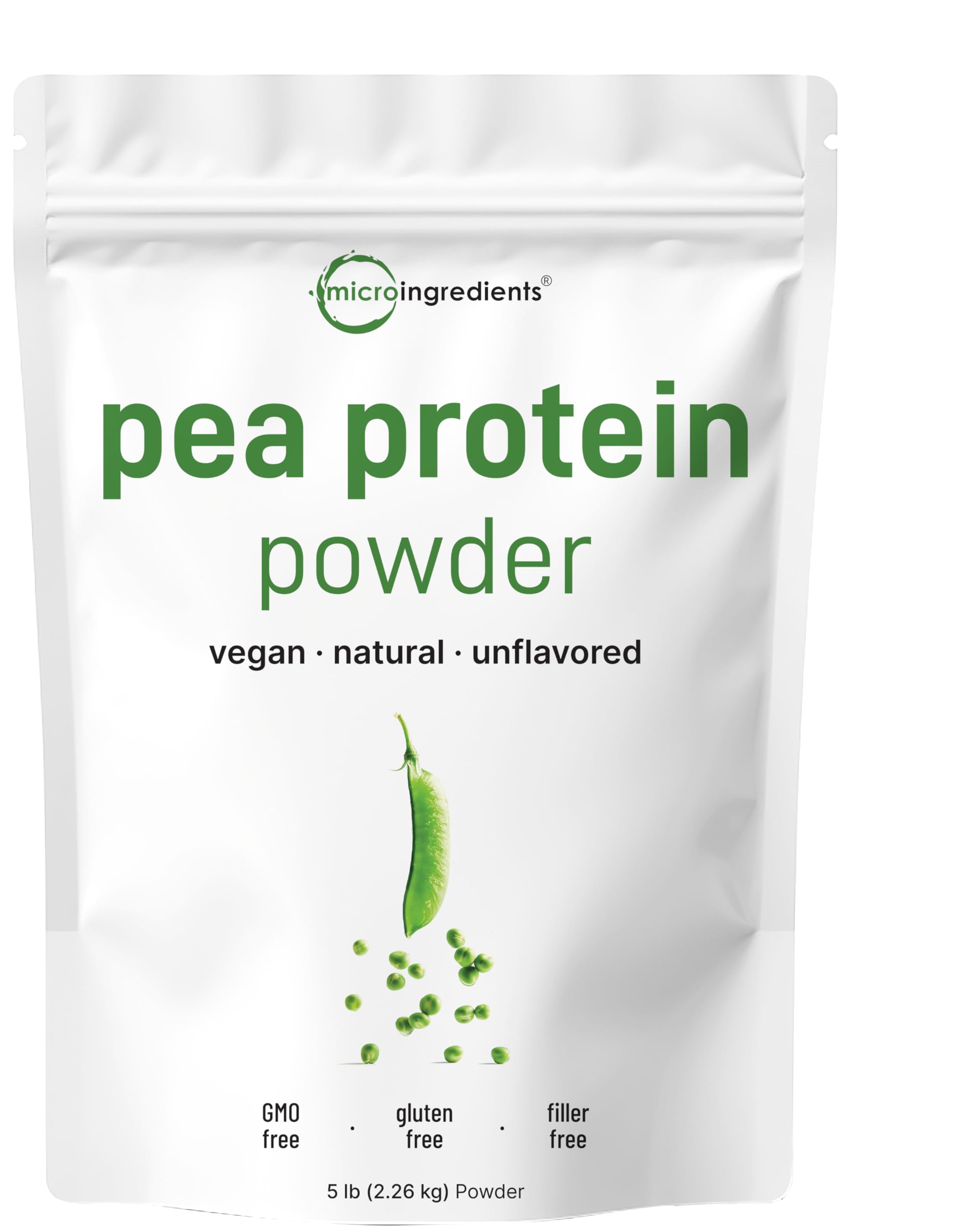 Micro Ingredients front packaging of 5 lb pea protein, convenient bulk supply