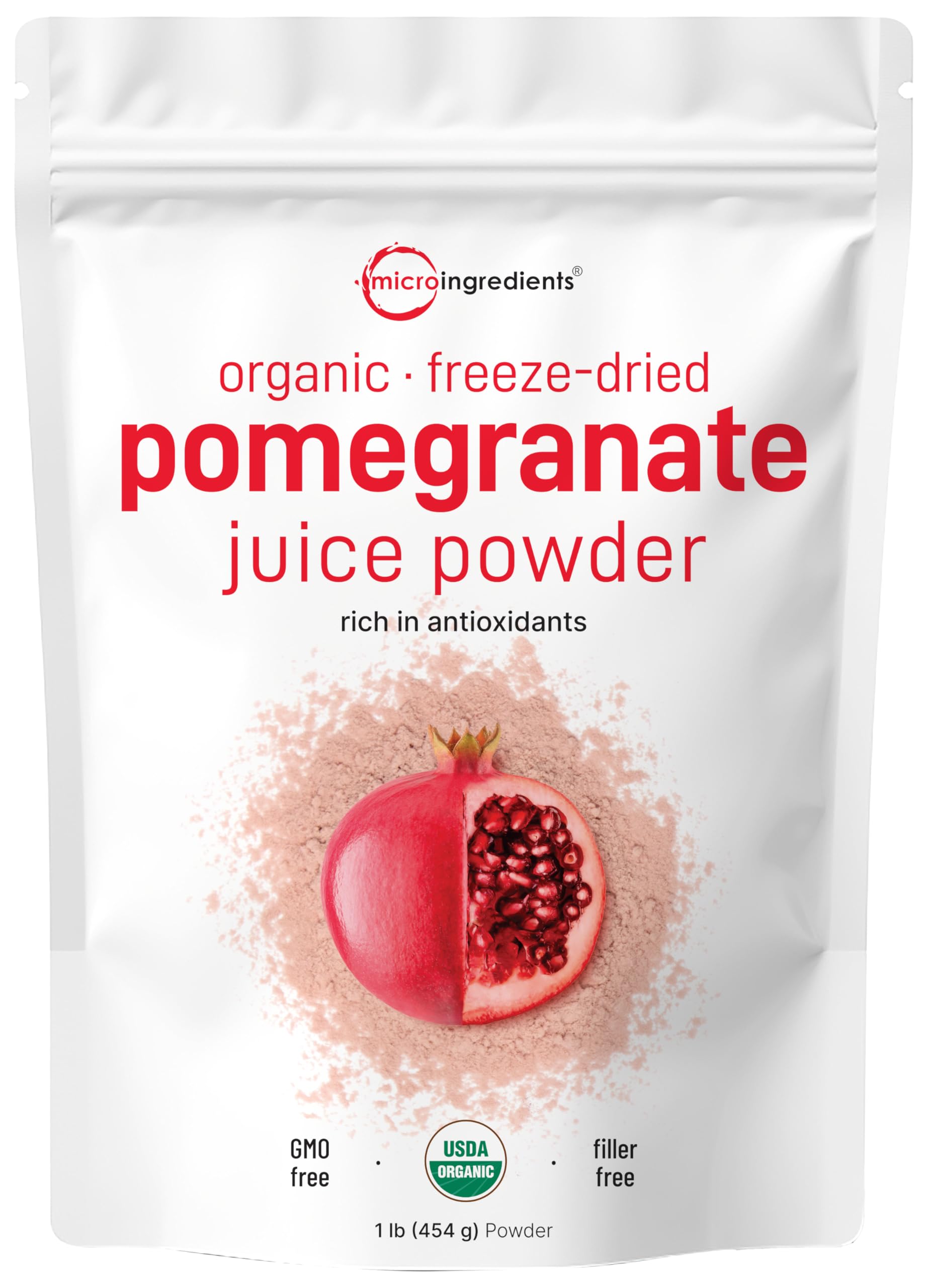 Micro Ingredients front packaging showing organic pomegranate powder and benefits