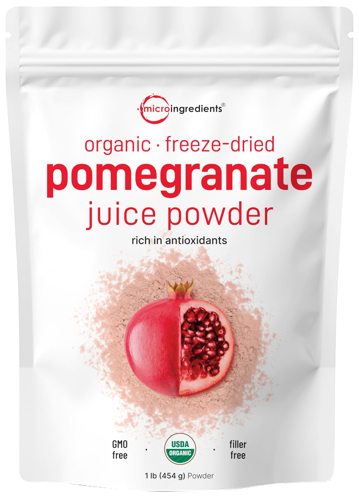 Micro Ingredients front packaging showing organic pomegranate powder and benefits
