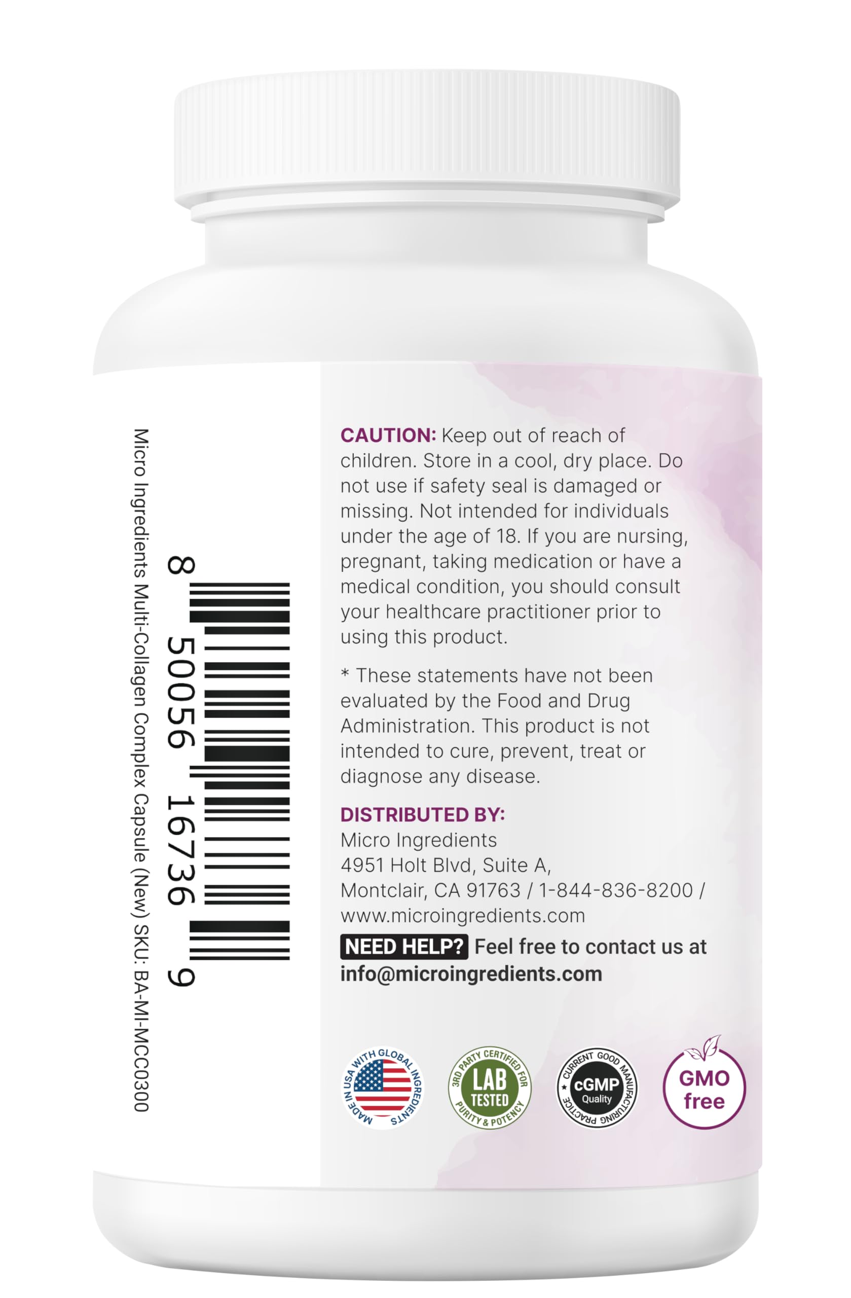 Micro Ingredients capsules with a scale showing capsule size and portion comparison