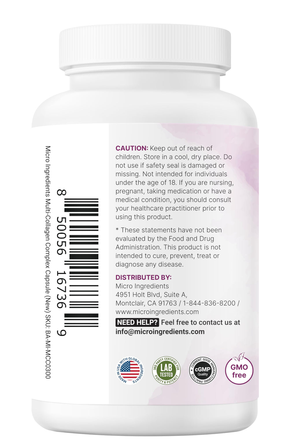 Micro Ingredients capsules with a scale showing capsule size and portion comparison