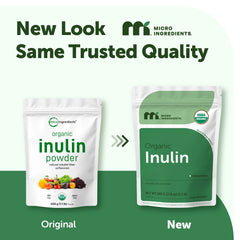 Micro Ingredients scoop of powder beside open pouch illustrating included measuring scoop