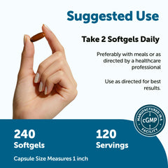 Micro Ingredients two softgels on hand illustrating serving size and convenience
