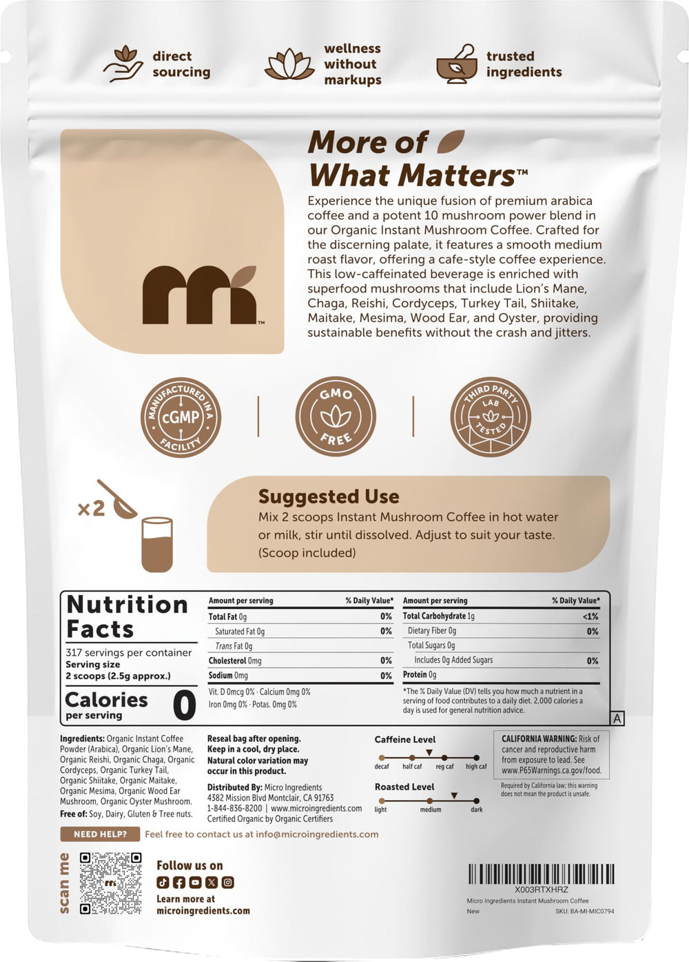Size comparison with standard mug illustrating Micro Ingredients 28 ounce pouch value