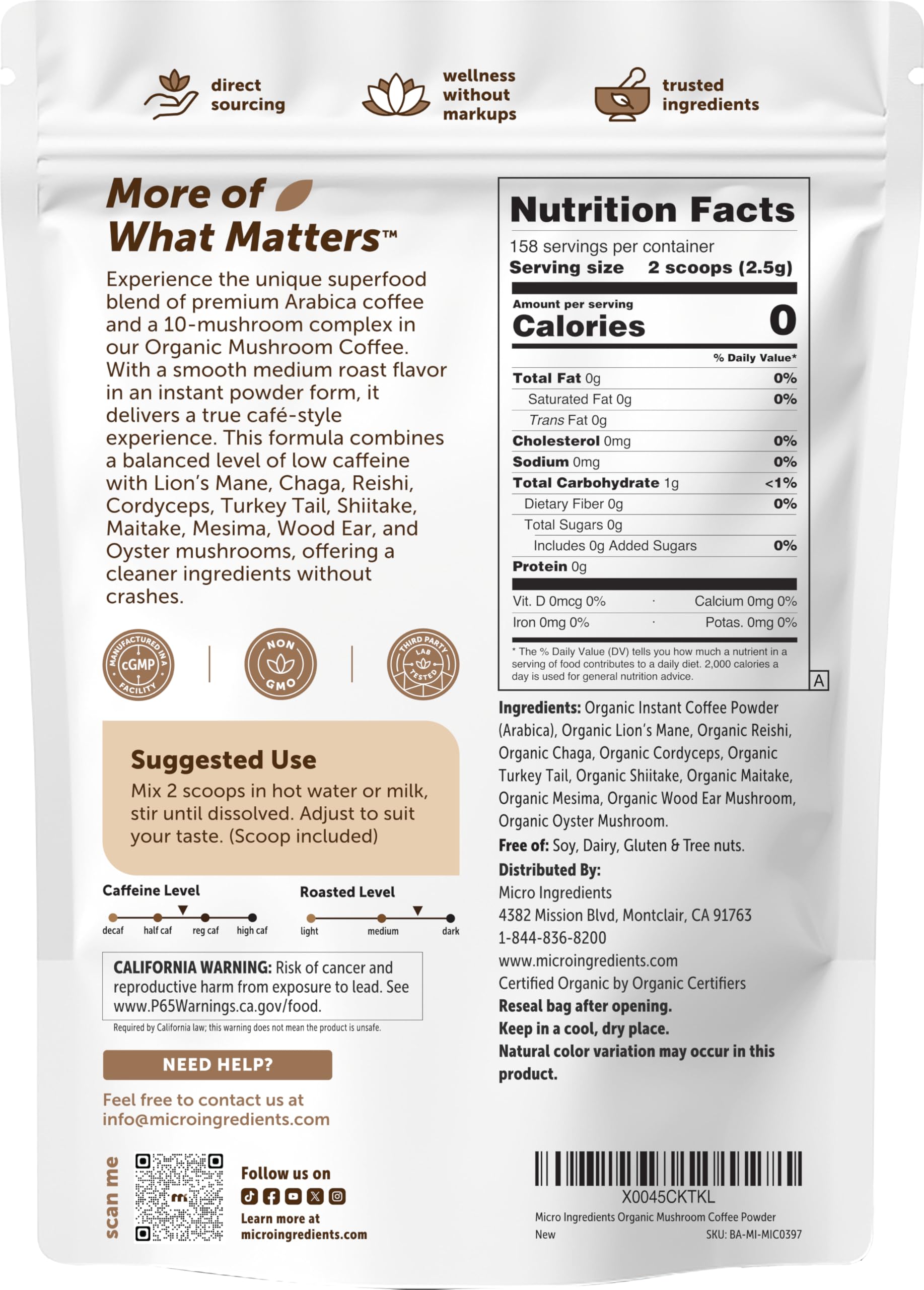 Micro Ingredients jar beside a coffee cup showing 14 oz scale for portion perspective