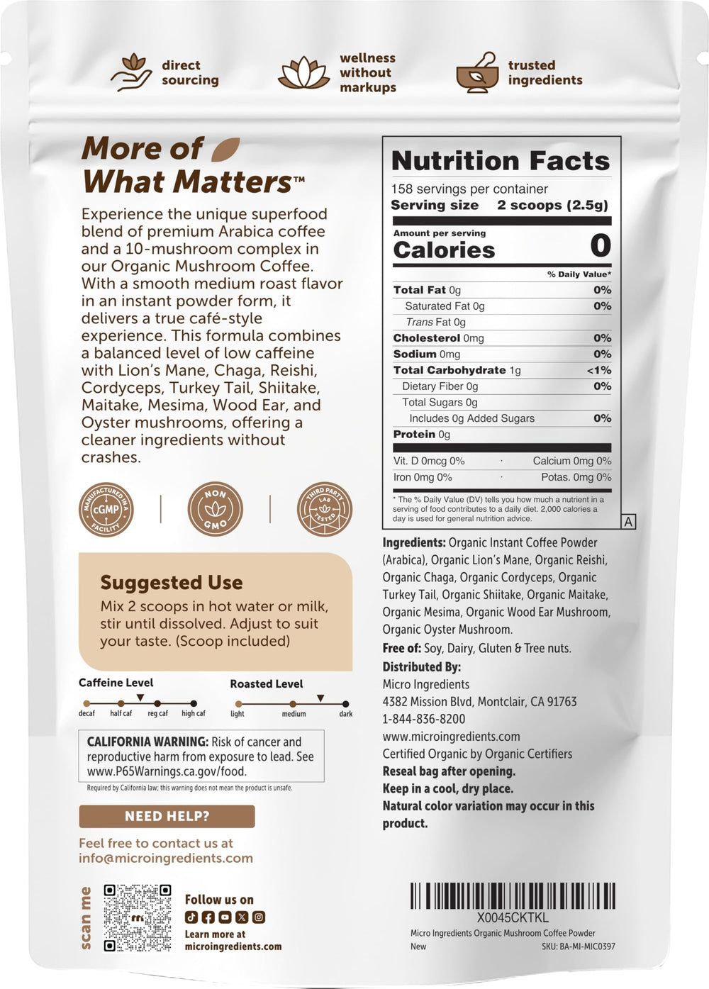 Micro Ingredients jar beside a coffee cup showing 14 oz scale for portion perspective