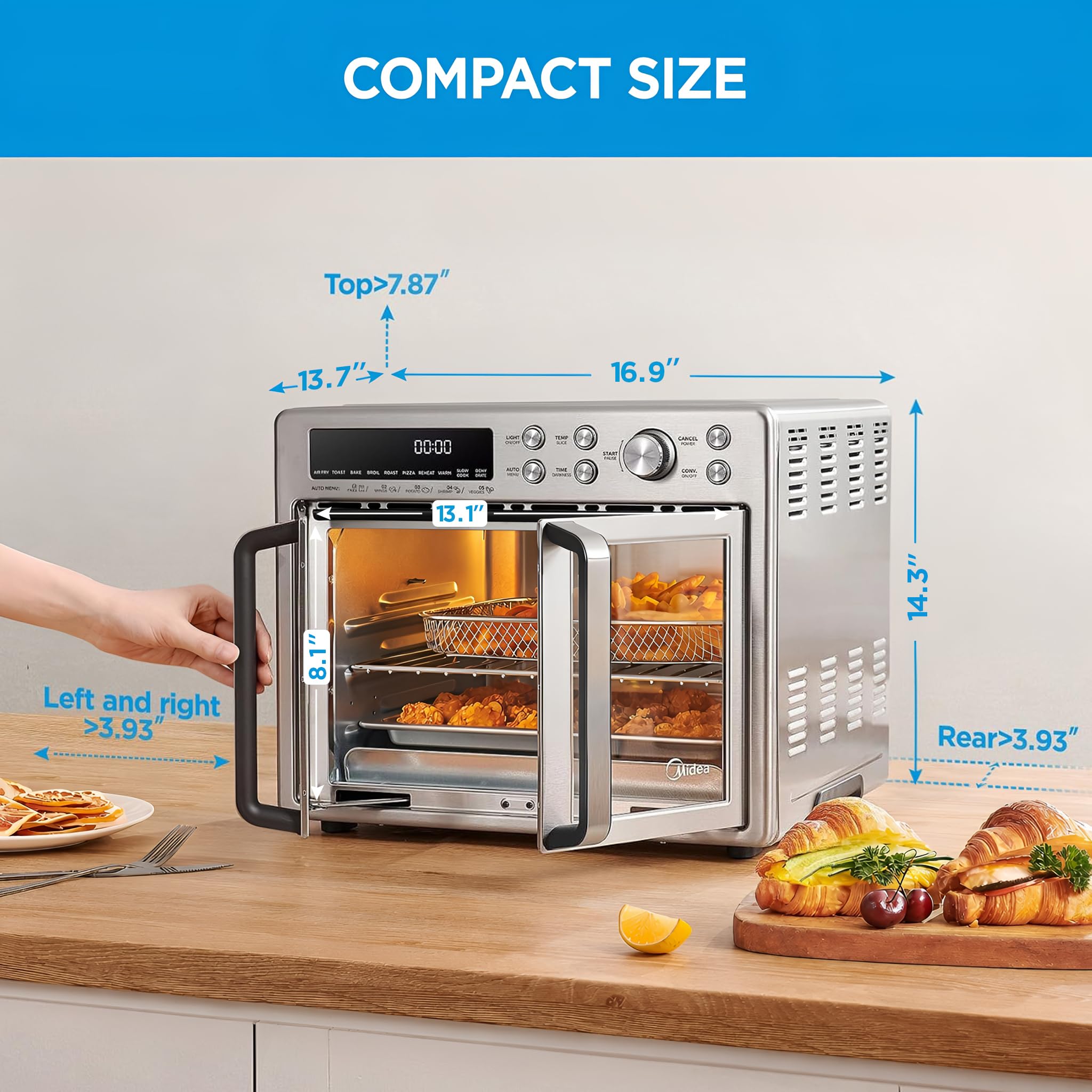 Midea Flexify Classic with doors open revealing roomy 26.4 QT interior and included accessories