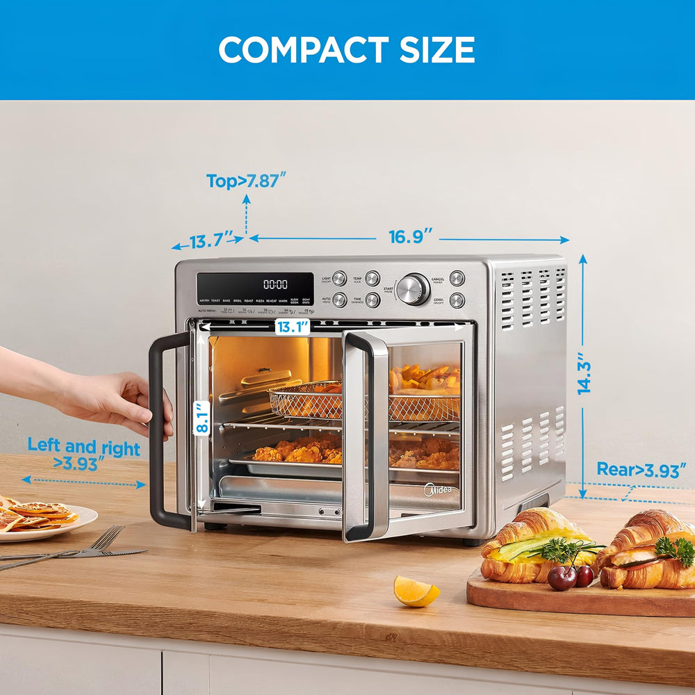 Midea Flexify Classic with doors open revealing roomy 26.4 QT interior and included accessories